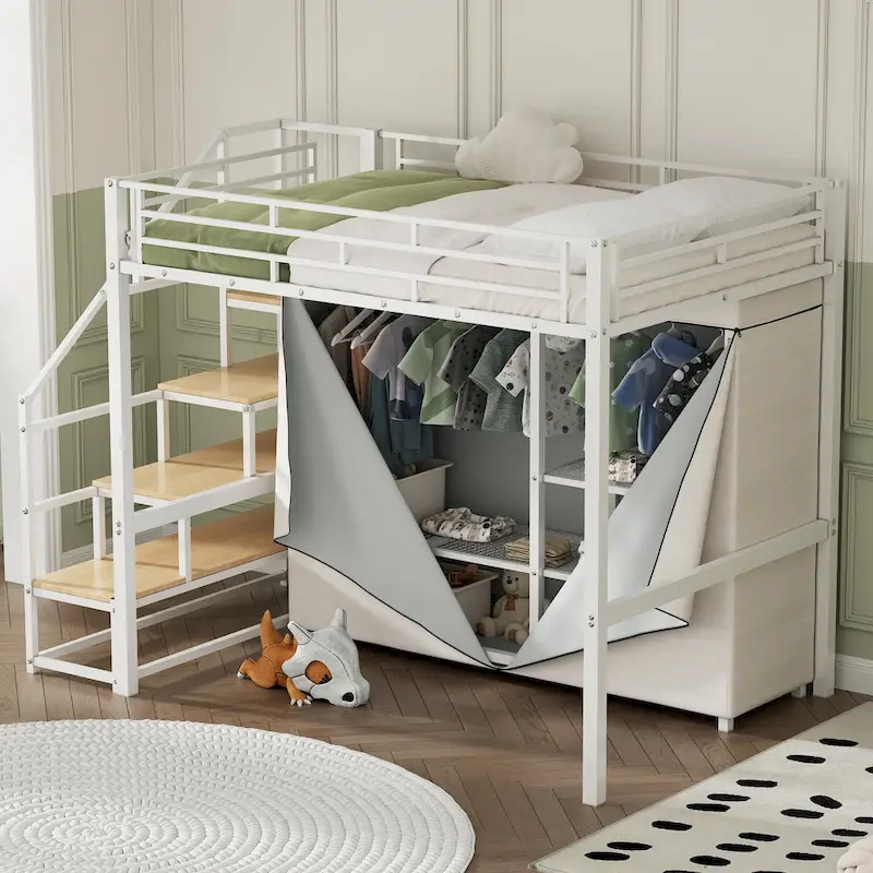 Metal Loft Bed with Wardrobe and Storage Shelves for Kids, Boys and Girls, Bedroom