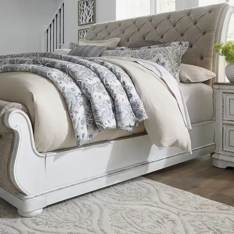 Antique White Tufted Upholstered Sleigh Bed