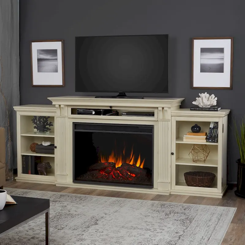 Tracey 84 TV Stand Electric Fireplace in Distressed White by Real Flame