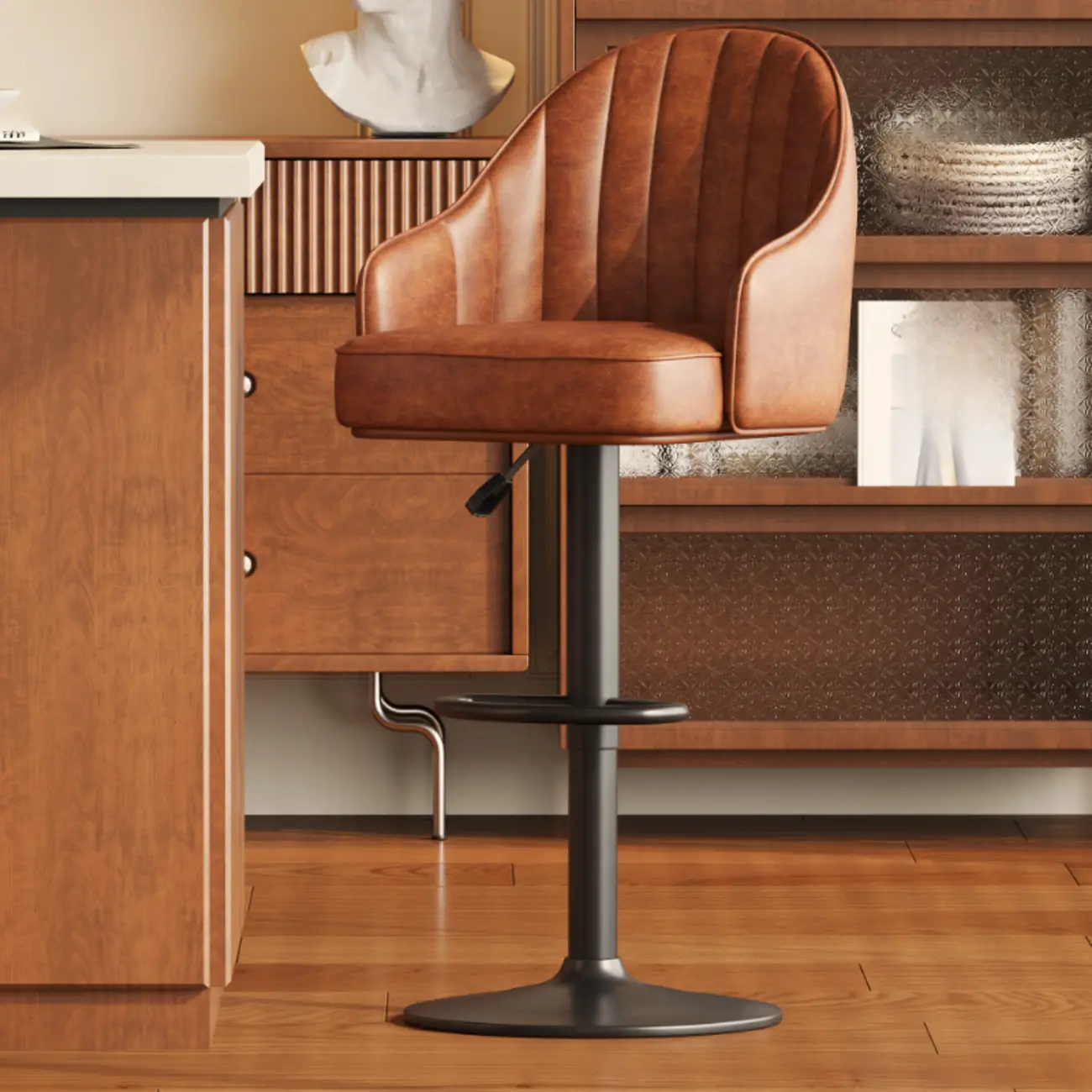 Mid-Century Modern Leather Bar Stool Swivel Adjustable Height