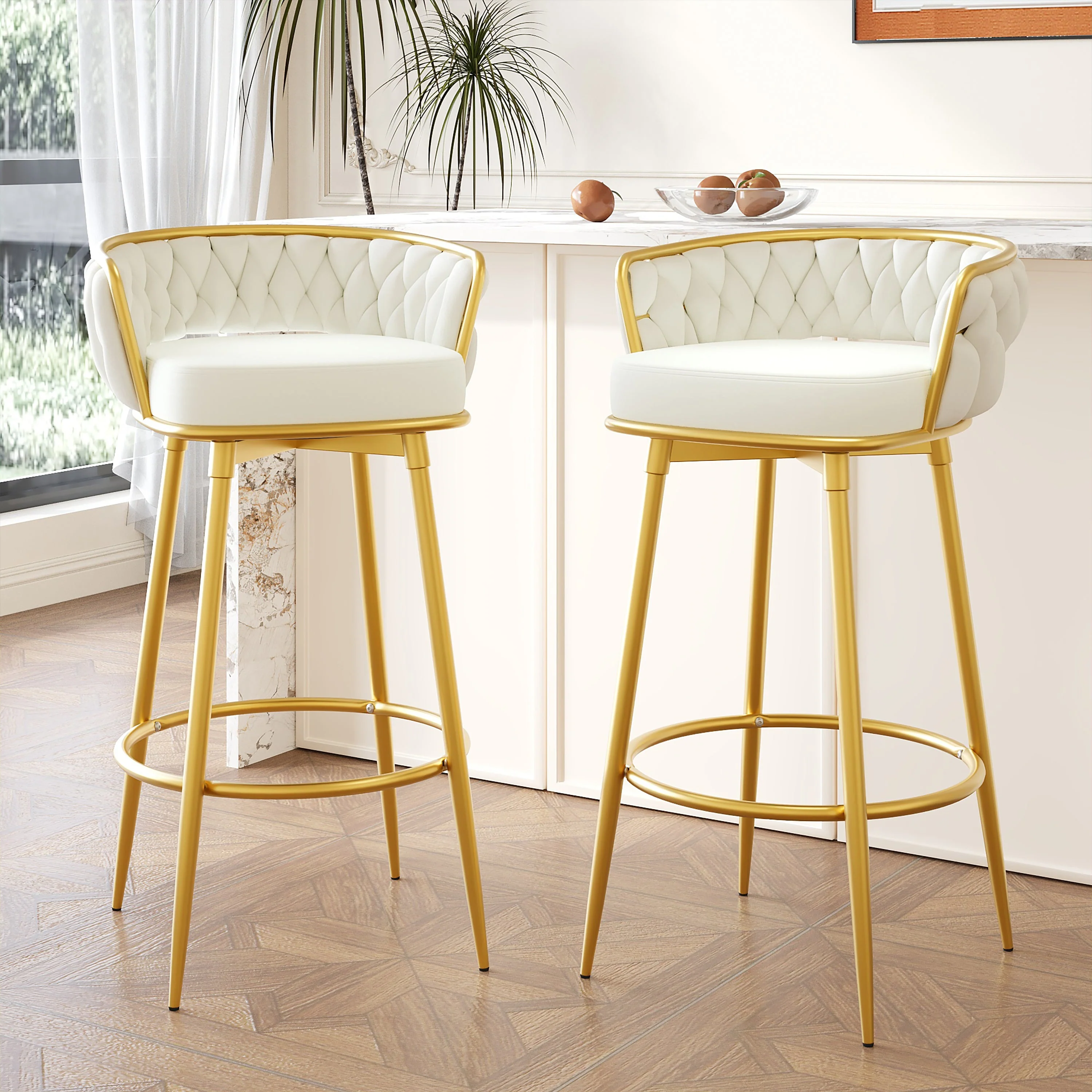Set of 2 Velvet Swivel Bar Stools 180¡ã Gold Frame w/ Woven Back & Footrest