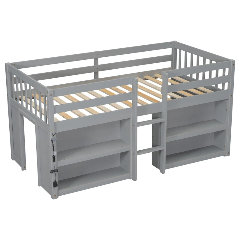 Grey Twin Wood Low Loft Bed with Shelves & LED Light