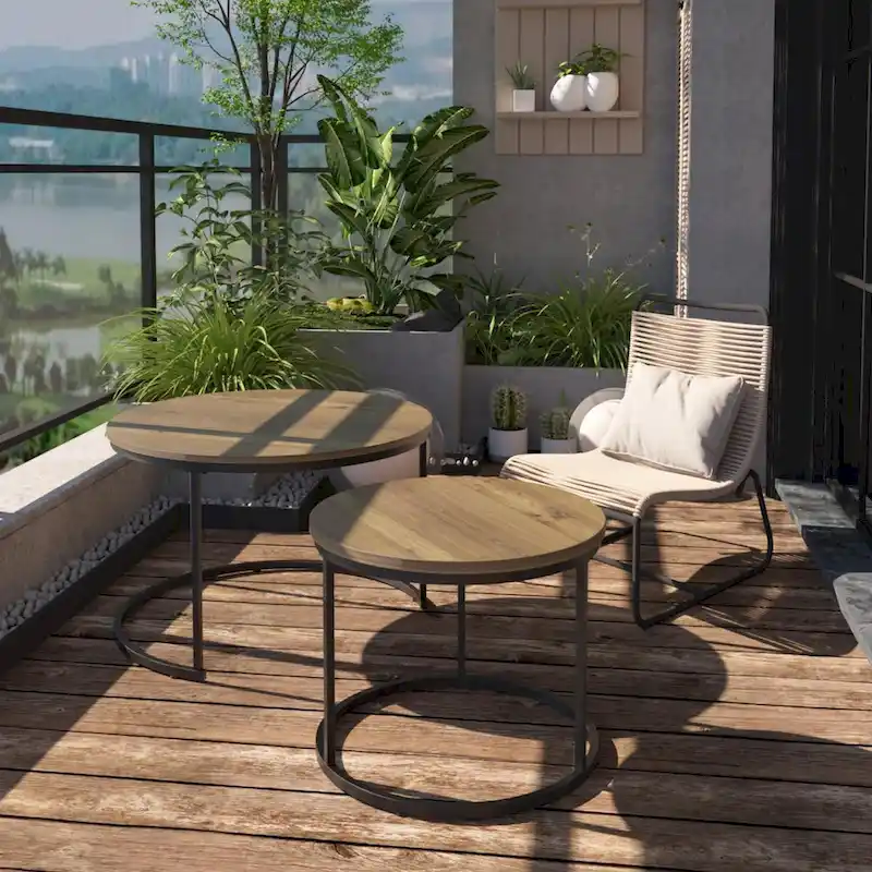 Nesting Coffee Table Set of 2, 27.6inch Round Coffee Table Wood Finish with Sturdy Metal Frame,End Table Side Tables