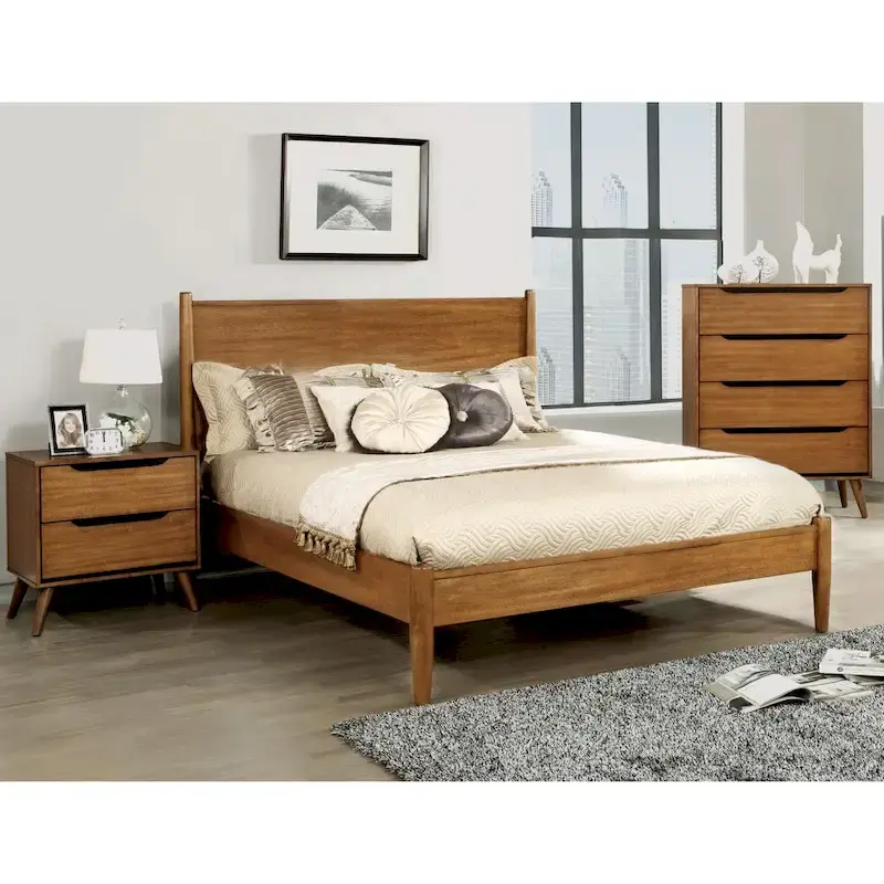 Fopp Mid-Century Modern Oak Wood 3-Piece Platform Bedroom Set by Furniture of America
