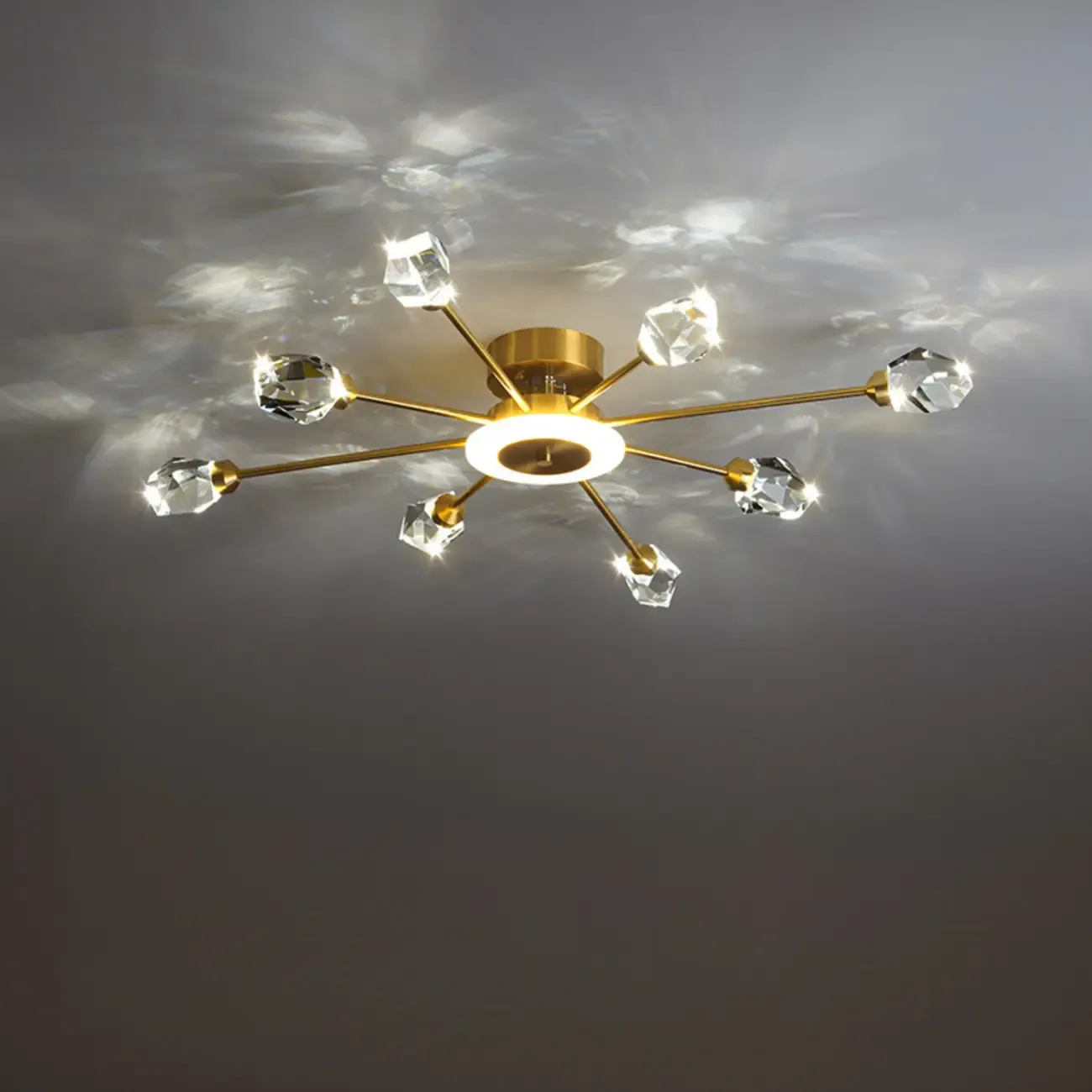 Gold Sputnik Crystal Semi Flush Dimmable LED Ceiling Light
