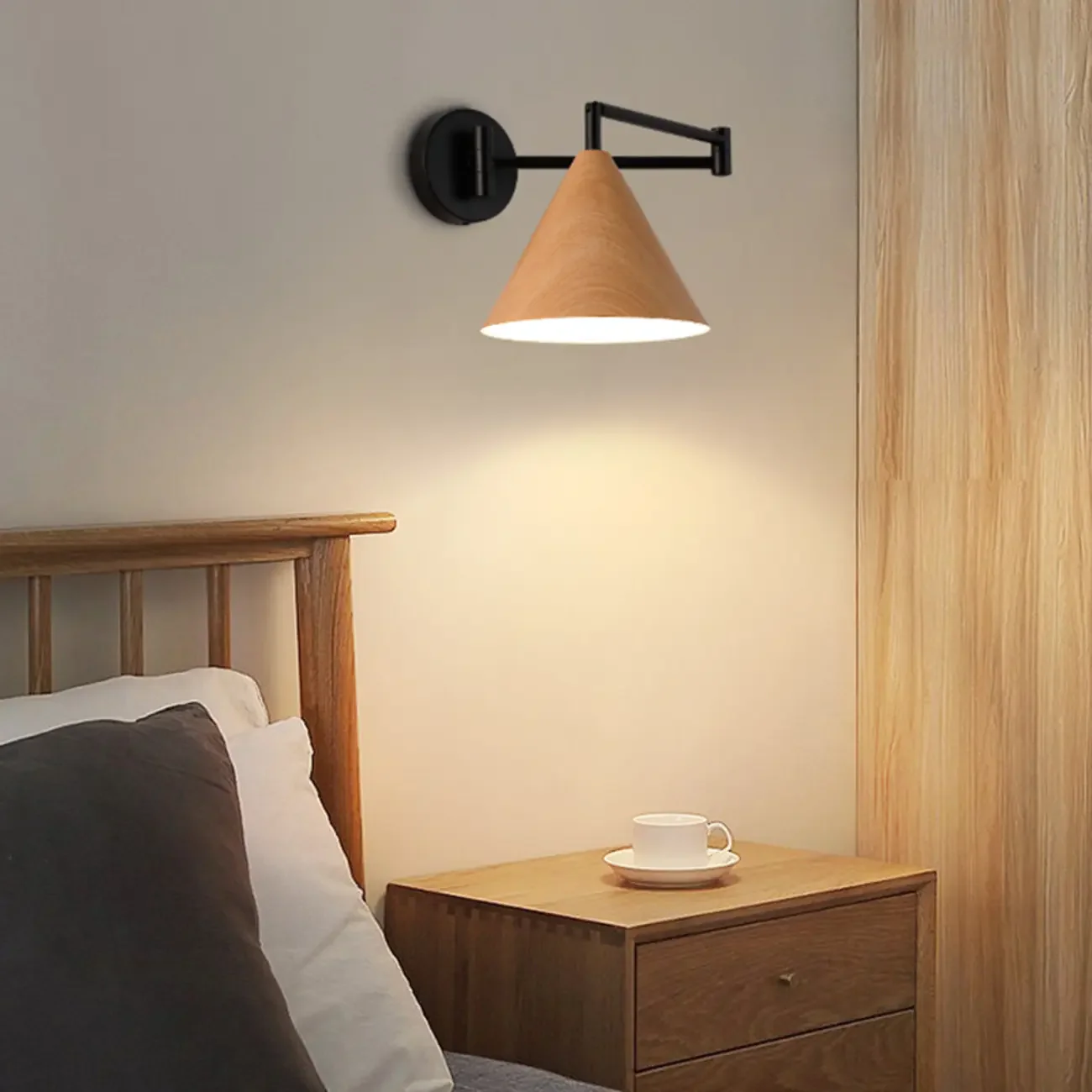 18 Small Bedside Swing Arm Wall Light with Wooden Shade