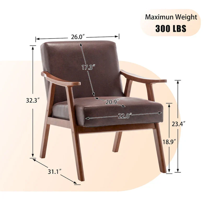 Dark Brown Modern 26 Accent Chair with Solid Wood Frame and Extra-Thick Backrest