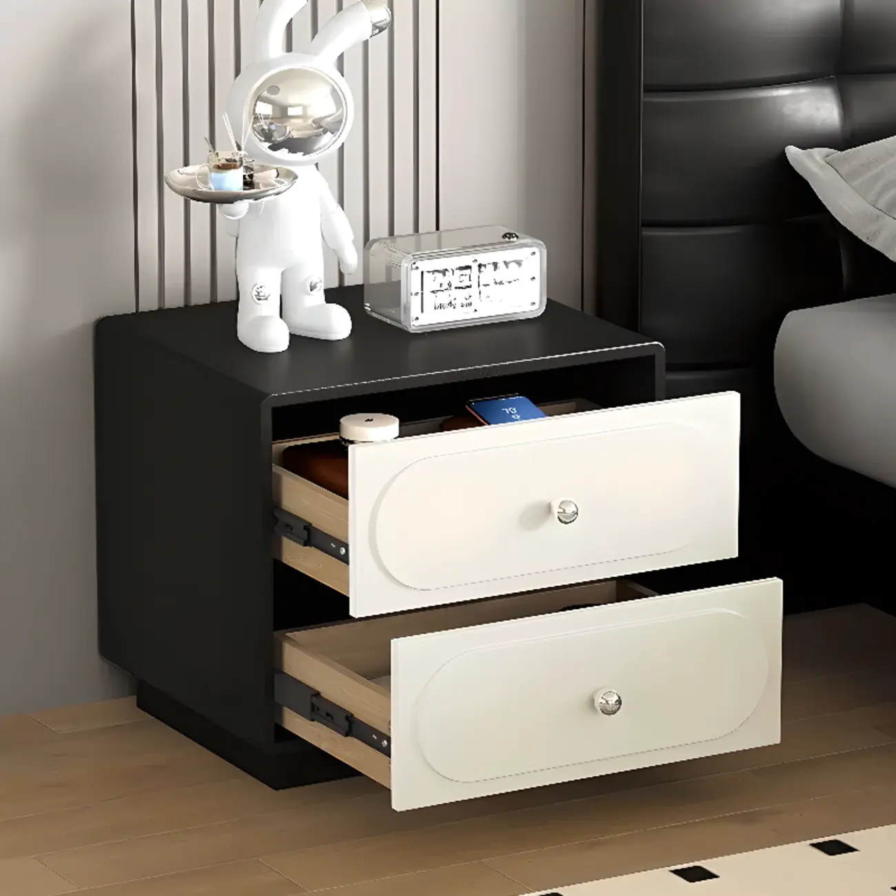 Modern Black White Leather Wood 2-Drawer Nightstand