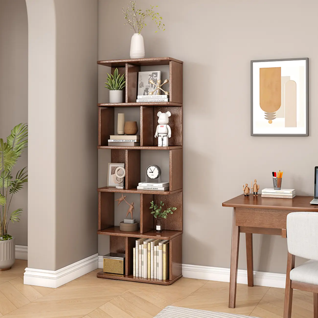 Mid-Century 6-Tier Open Back Wooden Bookshelf