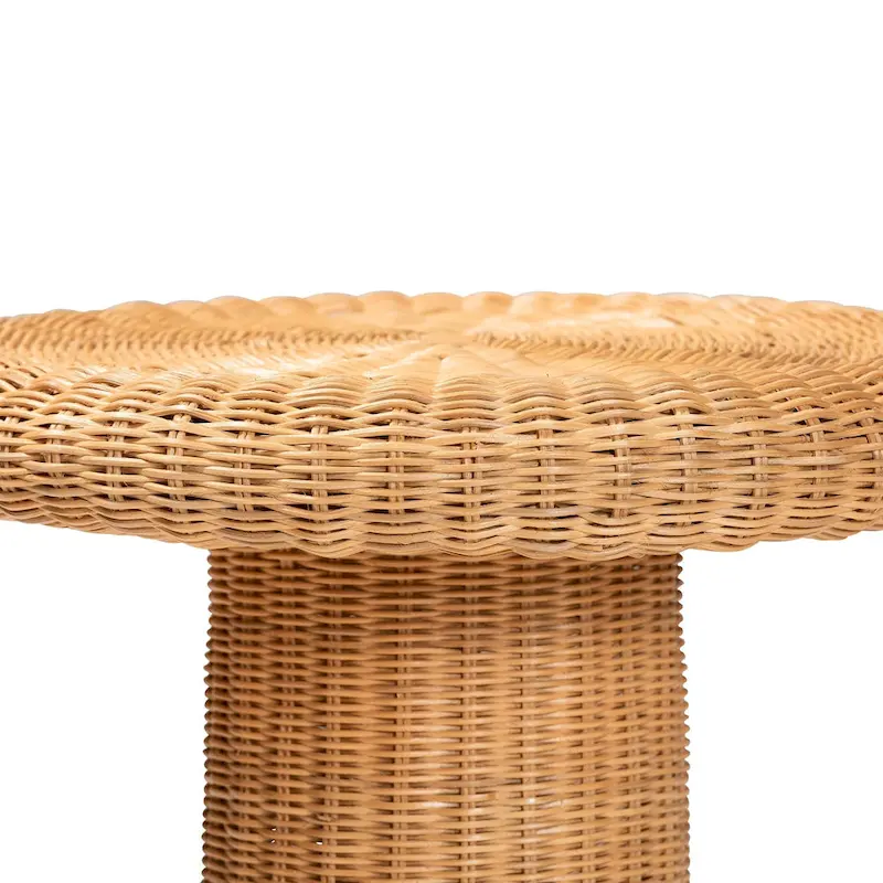 Round Rattan Side Table with Scalloped Pedestal Base