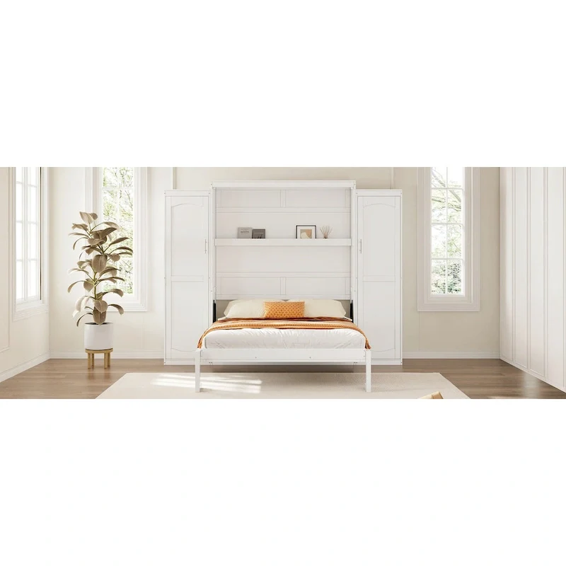Full Size Murphy Bed with Two Wardrobe and Storage Shelf