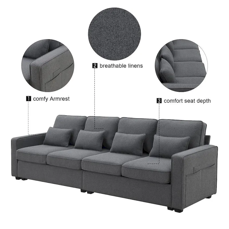 104  4-Seater Modern Linen Fabric Sofa with Armrest Pockets and 4 Pillows