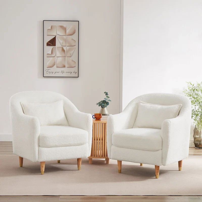 VANOMi 28.34W Set Of 2 Accent Armchair, Velvet Barrel Chair with Solid Wood Legs