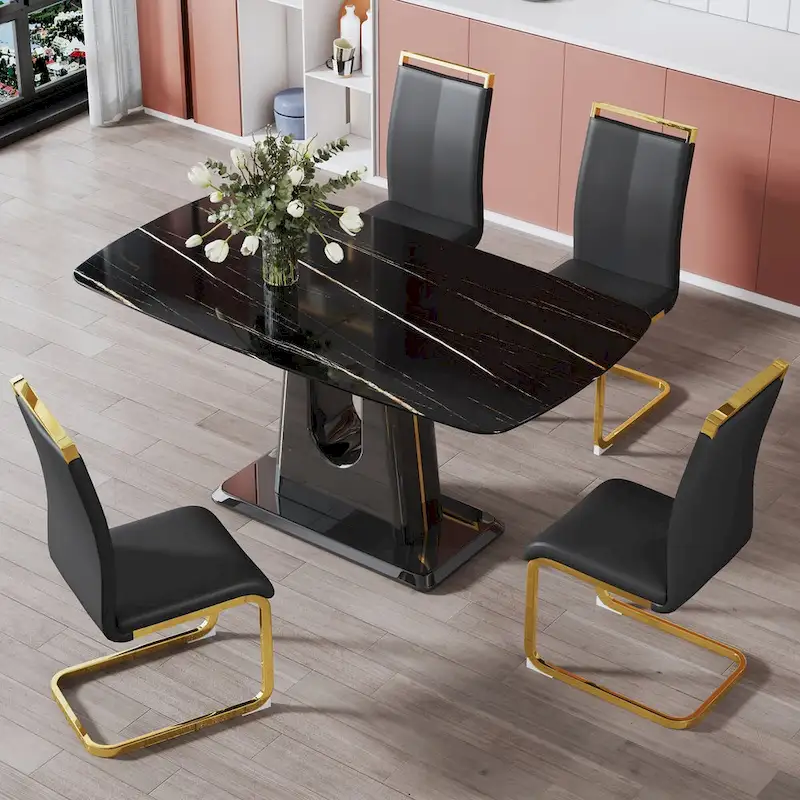 Dining table. Black imitation marble pattern desktop. Black MDF table legs, gold lines, black base