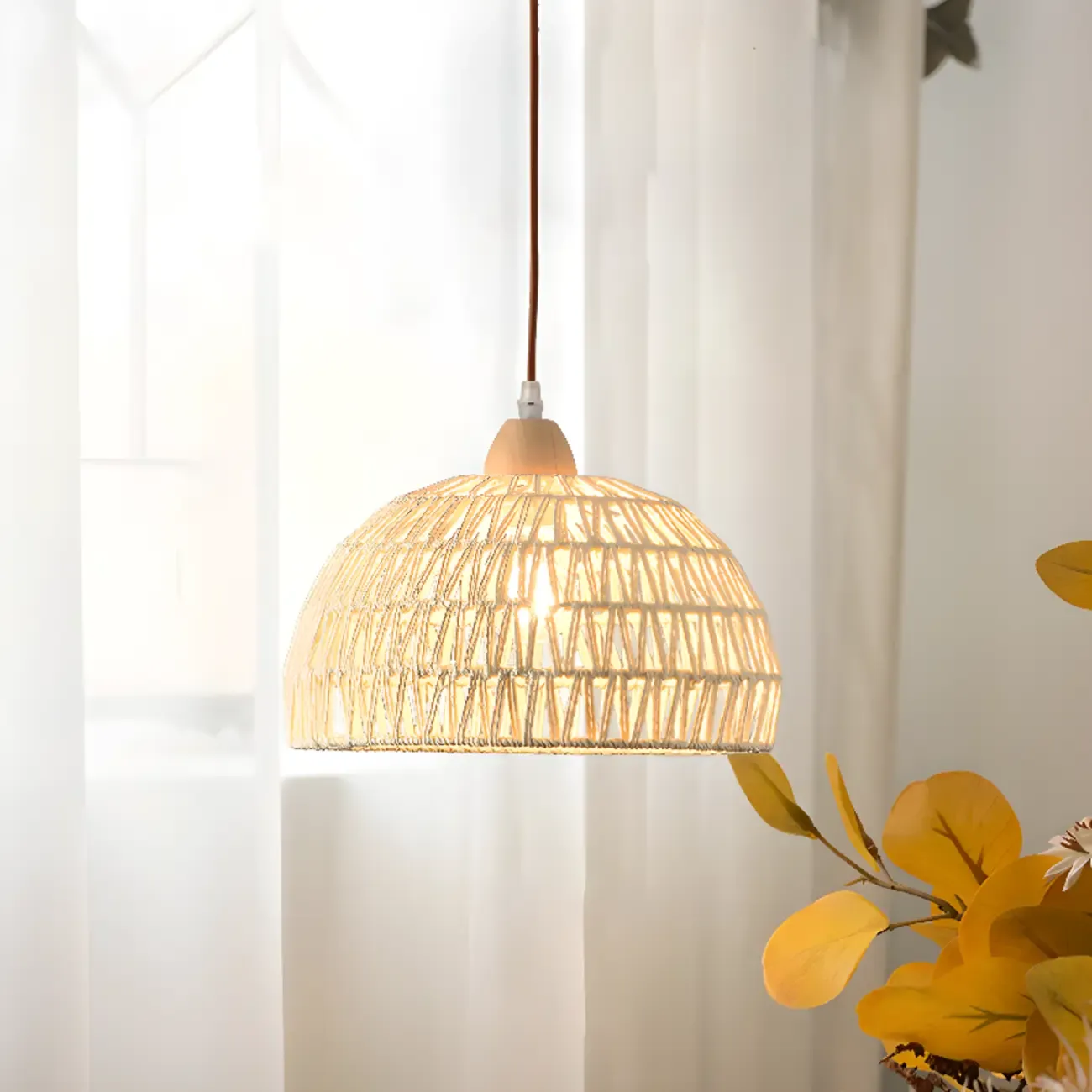 Natural Rattan Dome Pendant Lamp for Living Room