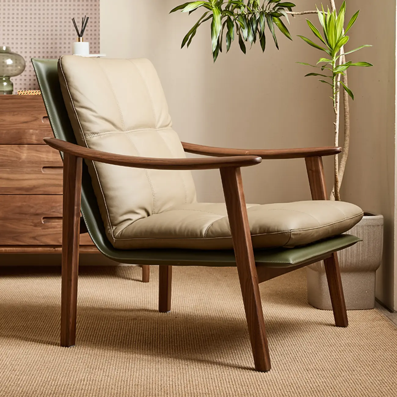 Scandinavian Green Genuine Leather Armchair