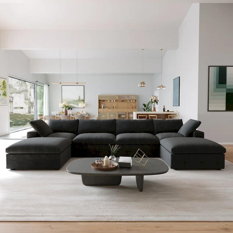 Black Commix Down Filled Overstuffed Sectional Sofa with Ottoman