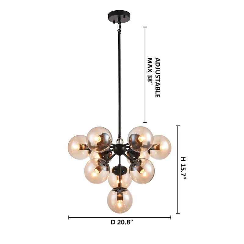 10 Light Black Steel Pendant Lighting with Glass Shades