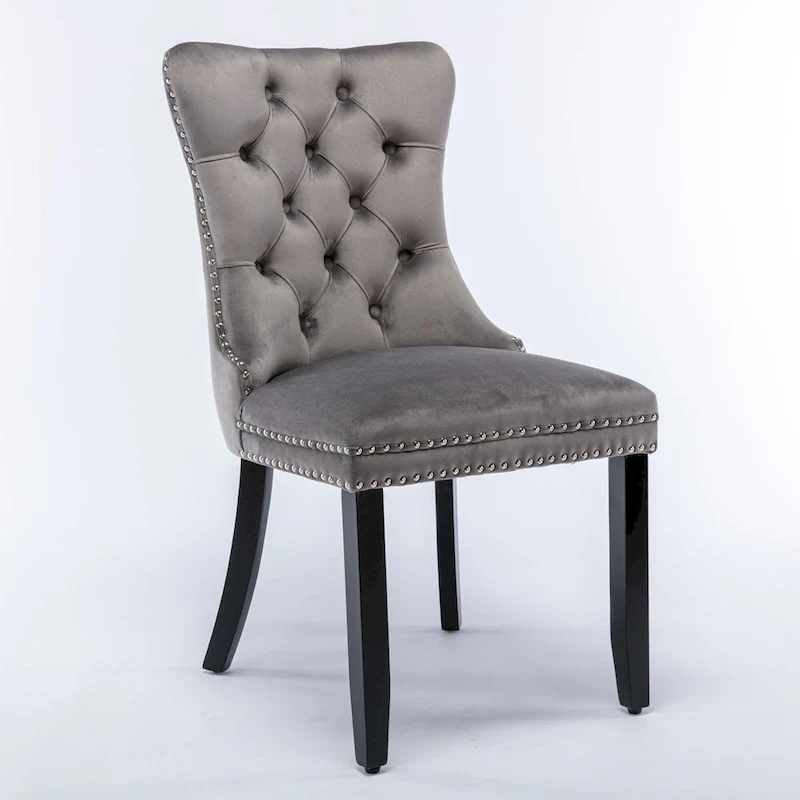 Modern Set of 2 Velvet Tufted Dining Chair with Wood Legs and Nailhead Trim
