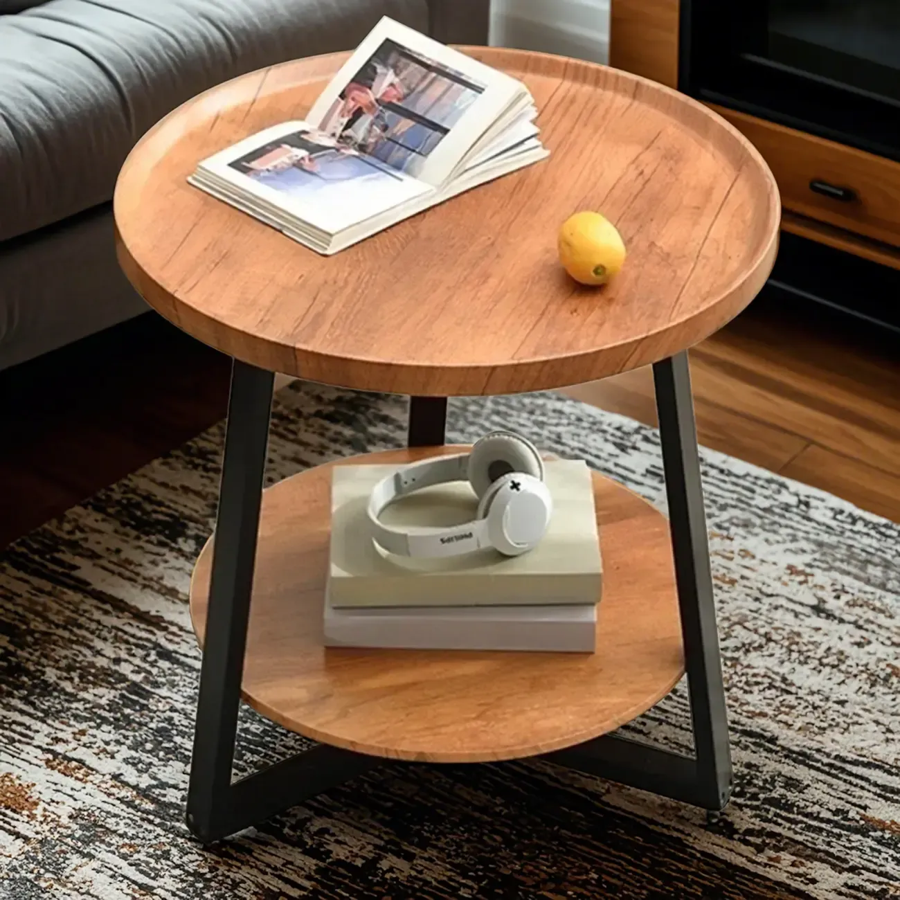Modern Wooden Top Tray Coffee Table with Cross Legs & Shelf