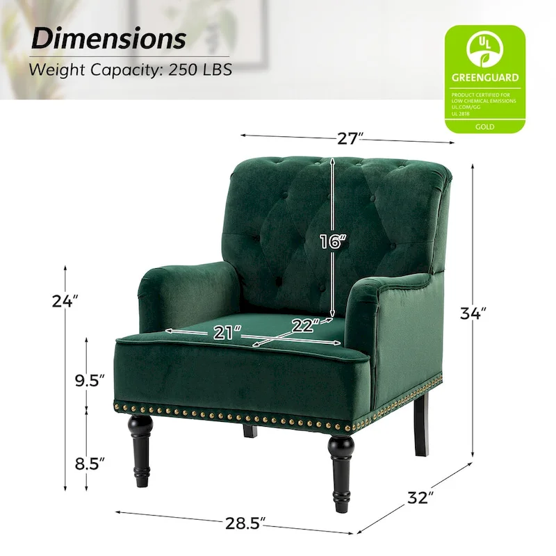 Geltrude Transitional Upholstered Button Tufted Club Chair with turned wooden Legs by HULALA HOME