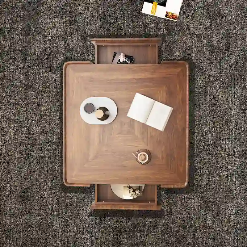 Mid-Century Modern Suqare Wood Finish Coffee Table with Drawers