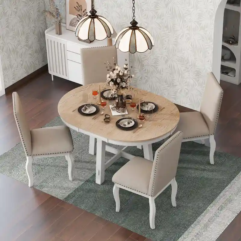 5-Piece Extendable Dining Table Set with Upholstered Chairs