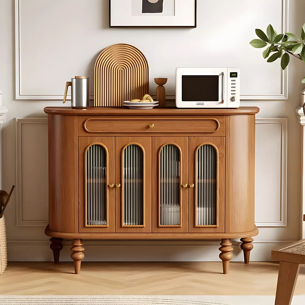 French Country Wooden Buffet Table with Cabinets