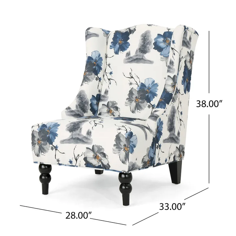 Beige +Blue Flower 28 High-Back Club Chair with Birch Legs