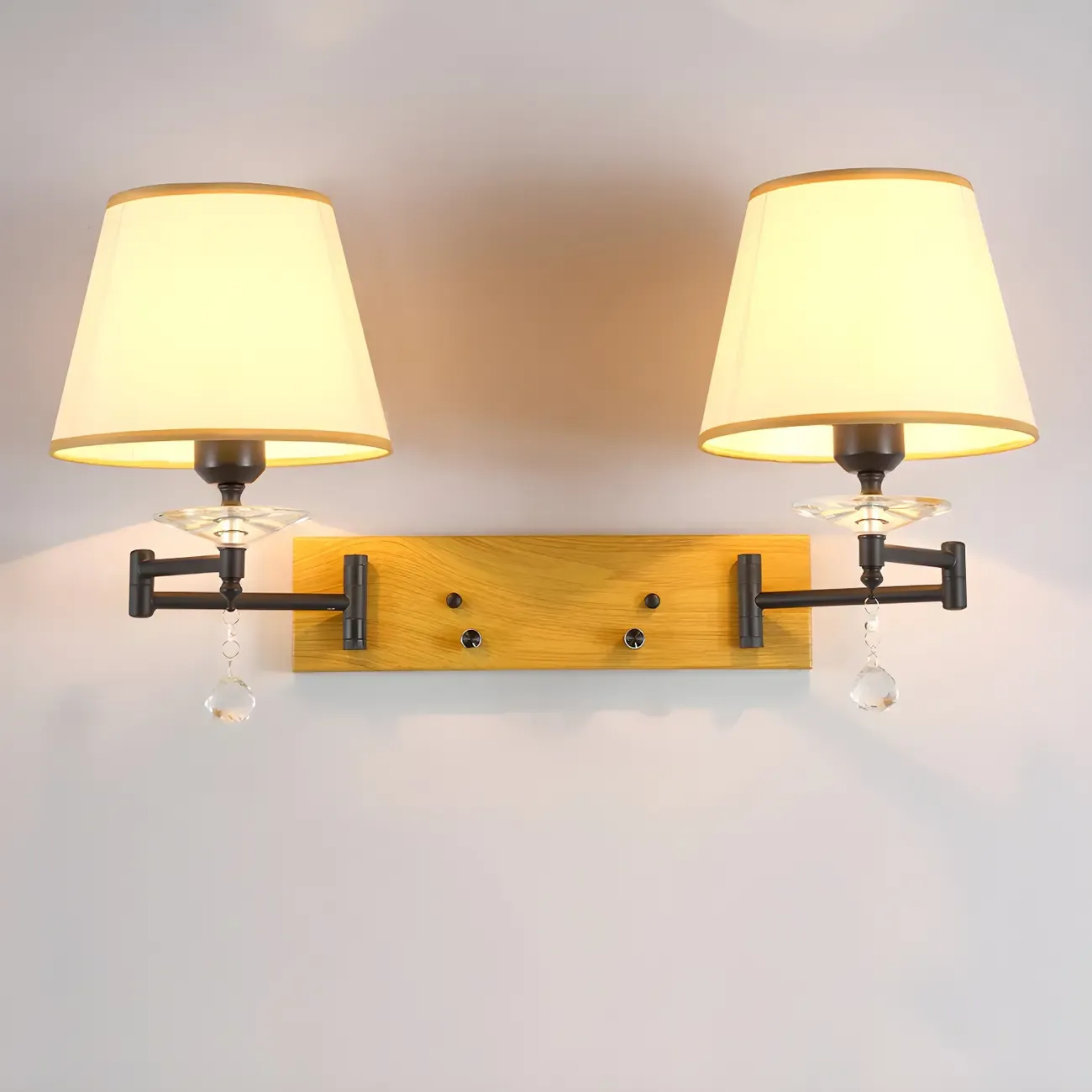 2-Light Silver Swing Arm Fabric Shade Wall Light