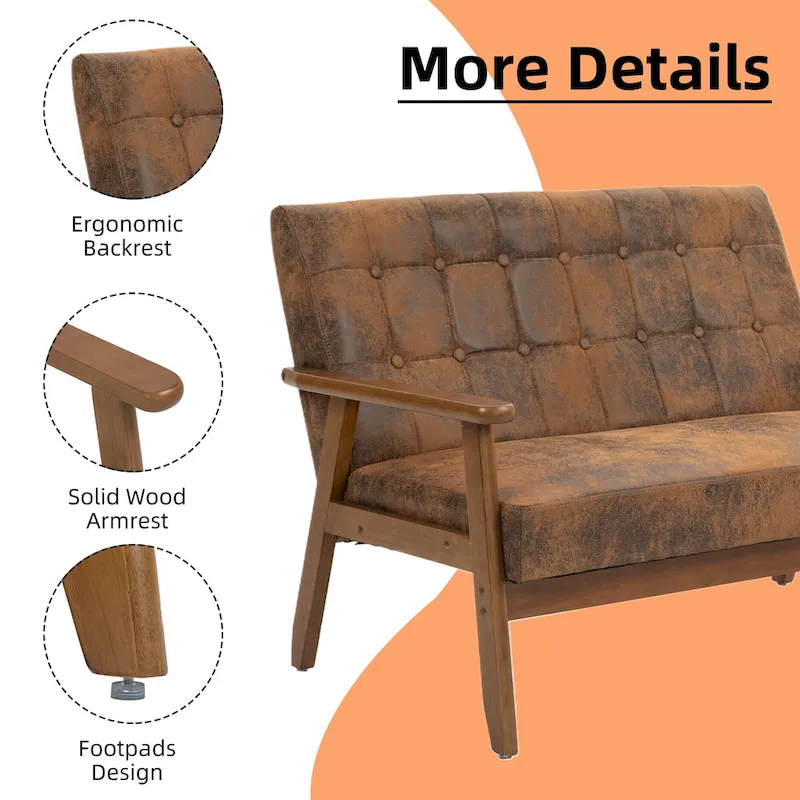 Mid-Century Linen/PU Upholstered Wood Frame Tufted Loveseat Sofa