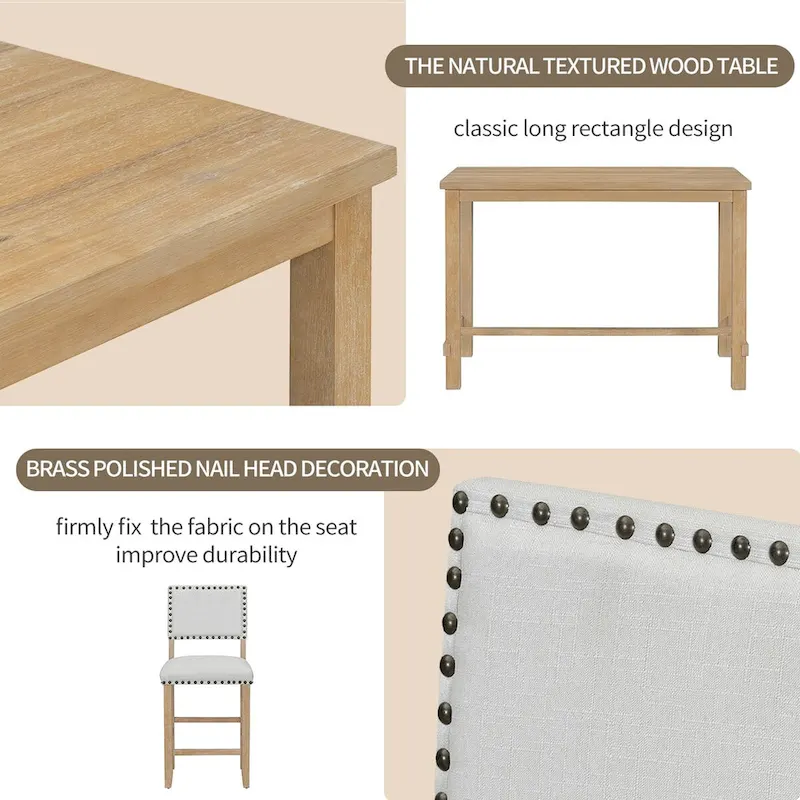 5-Piece Counter Height Dining Set, Classic Elegant Table and 4 Chairs in Natural Wood Wash