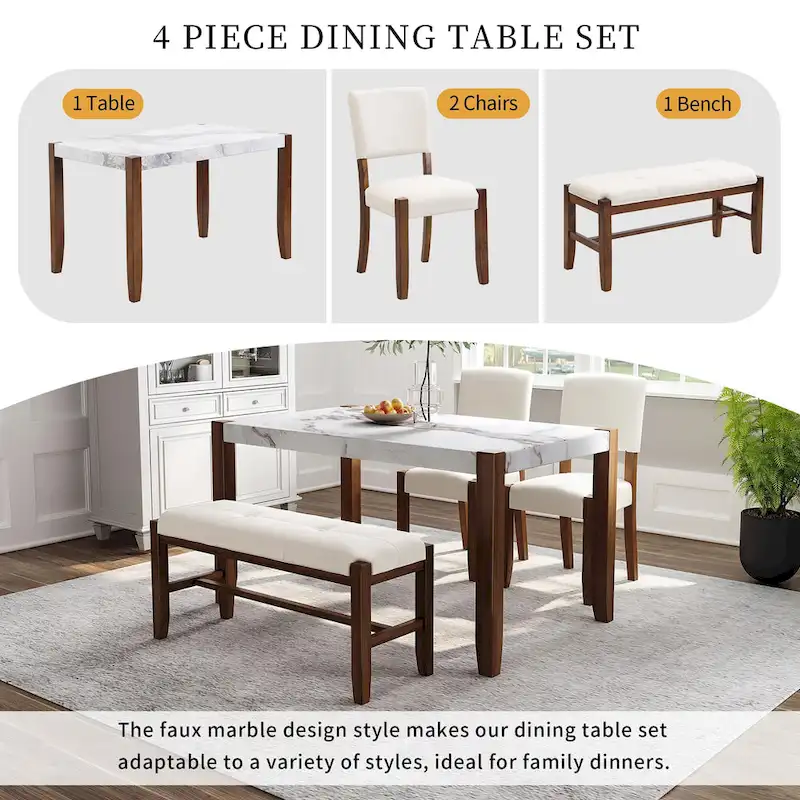 4-Piece Dining Table Set with 2 Upholstered Chairs and Bench
