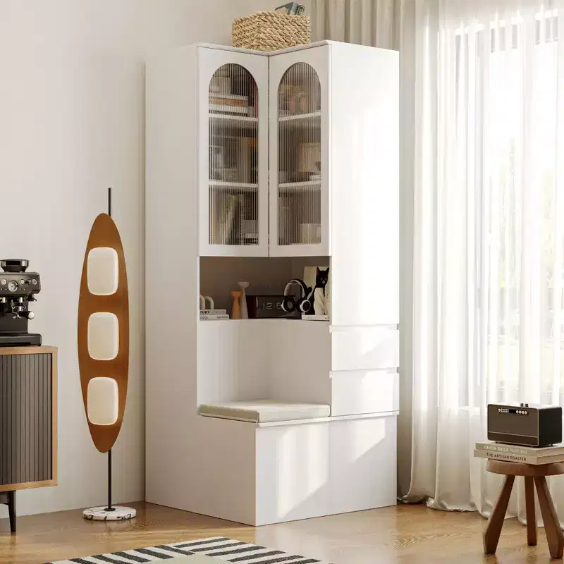 White Corner Storage Cabinet with Fluted Glass Doors, 2 Drawers & Lift-Top Bench – 1 Person