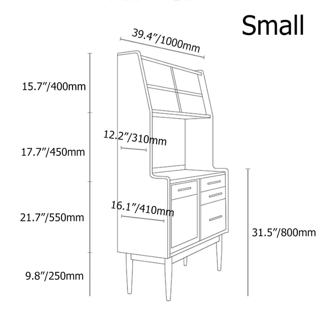 Mid-Century Natural 4-Drawer Wood Hutch Top Sideboard