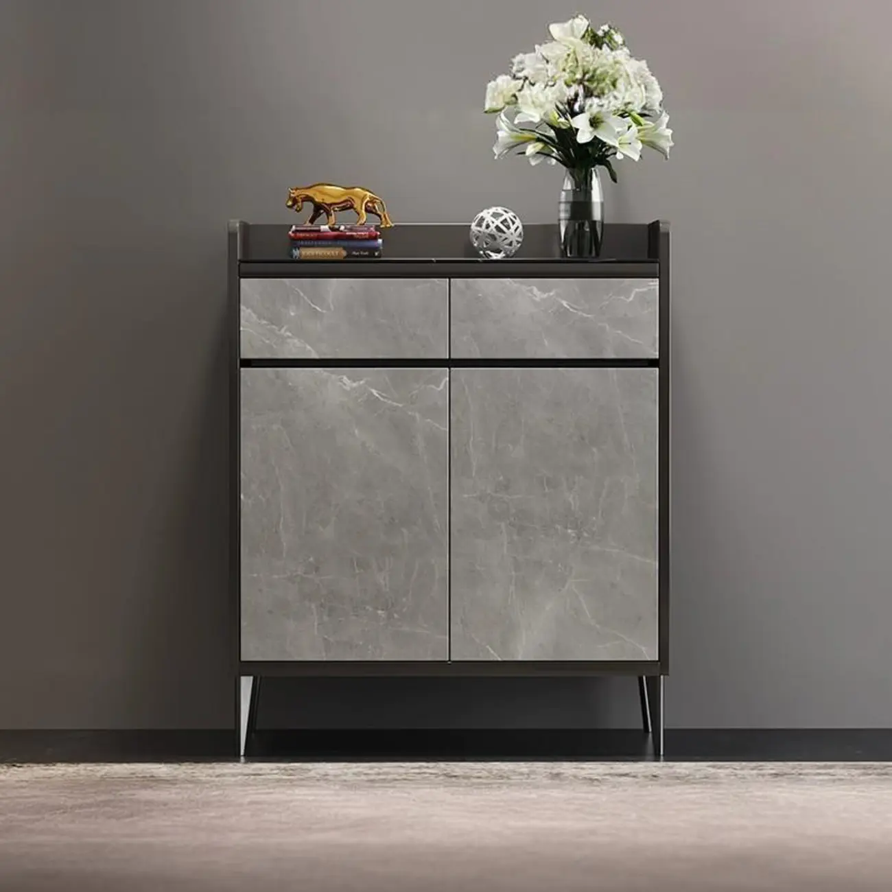 Modern Grey Wooden Shoe Cabinet Display Top Storage