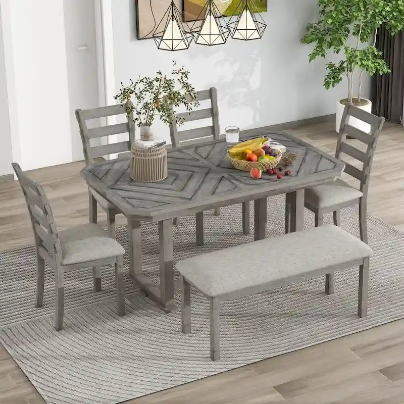 6-Piece Rubber Wood Dining Table Set with Beautiful Wood Grain Pattern Tabletop