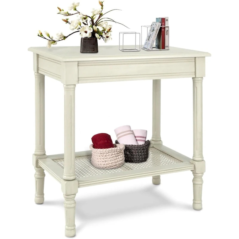 Copper Grove Reine Cream Side Table with Rattan Shelf