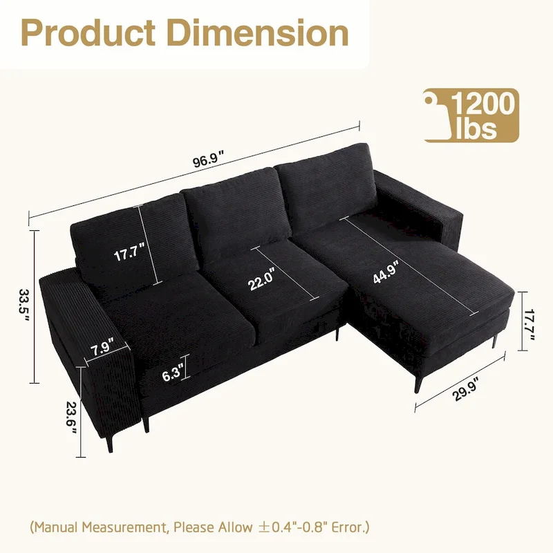 HOOOWOOO L-Shaped Upholstered Sofa Couch with Metal Legs