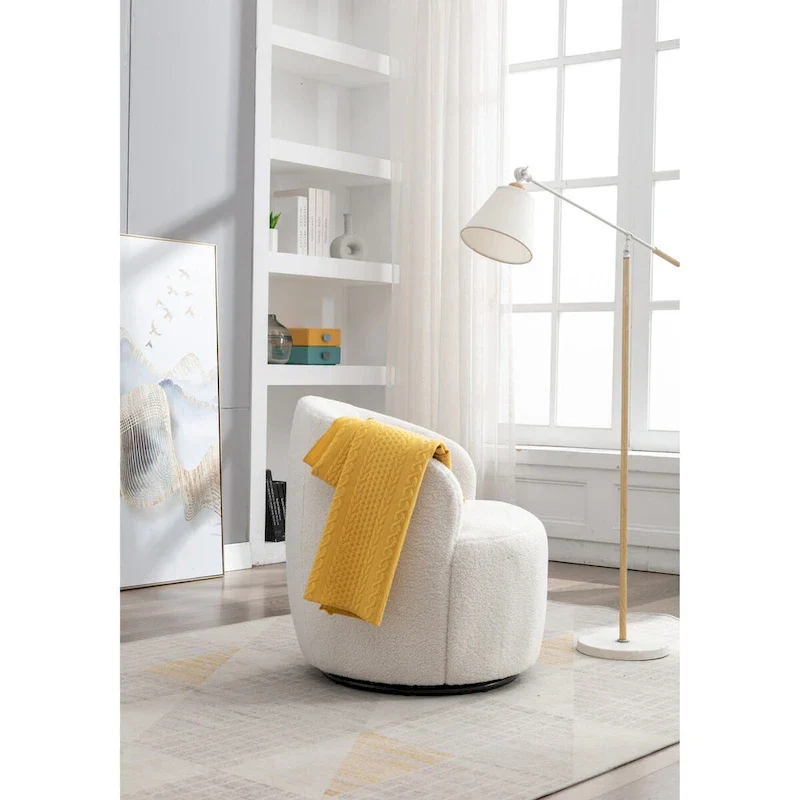 Swivel Accent Armchair Teddy Fabric Upholstered Barrel Chair with Black Point Round Swivel Metal Base