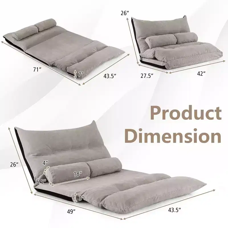 Convertible Lazy Sofa Bed with 42-Level Adjustable Backrest & 2 Lumbar Pillows Gray/Beige