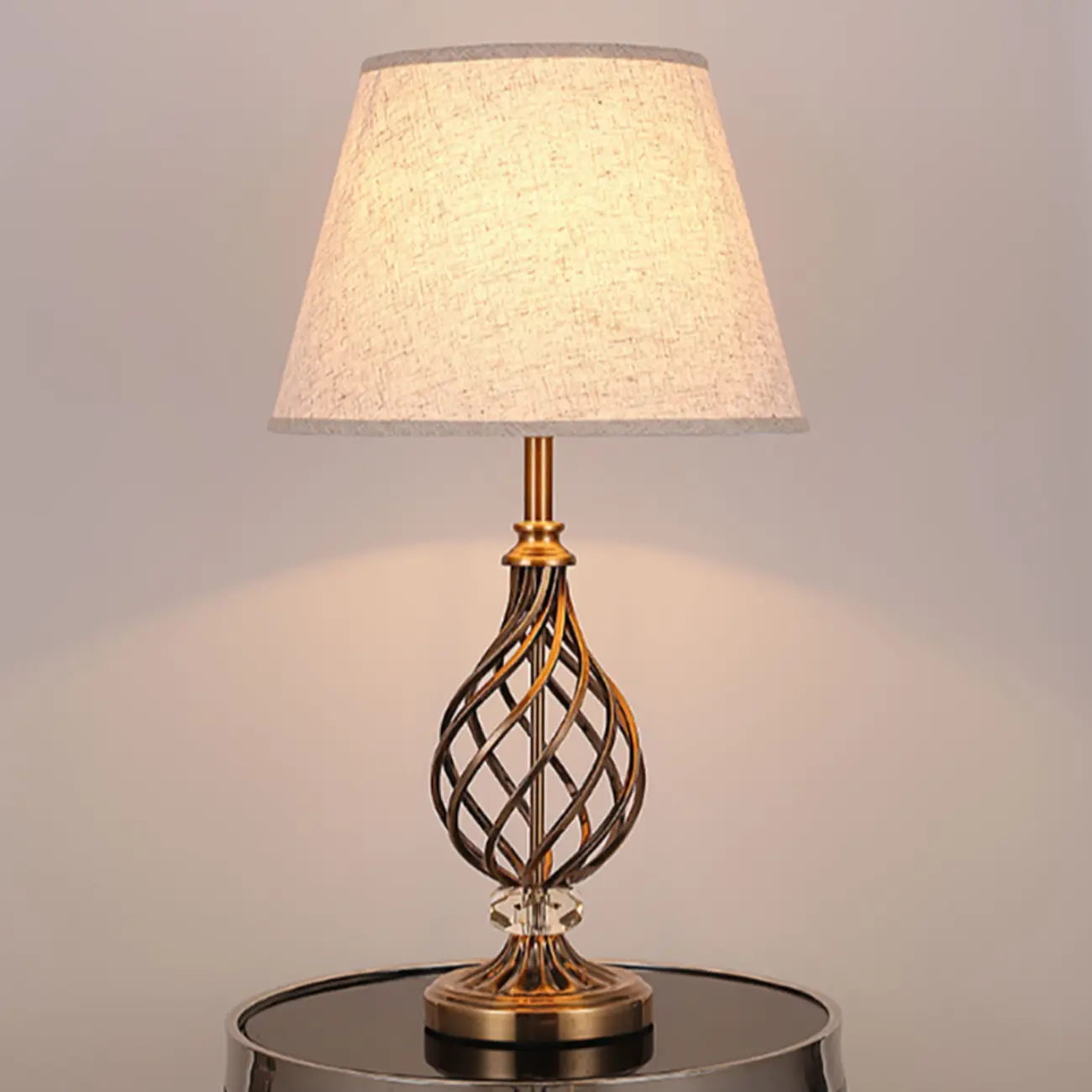 Geometric Fabric LED Bedside Table Lamp Antique Brass Base