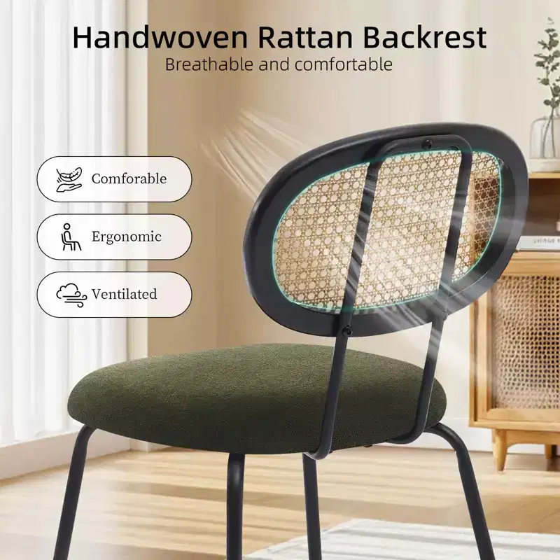 2 Pack Dining Chairs, Modern Velvet Upholstered Dining Room Chairs with Rattan Backrest & Sturdy Metal Legs