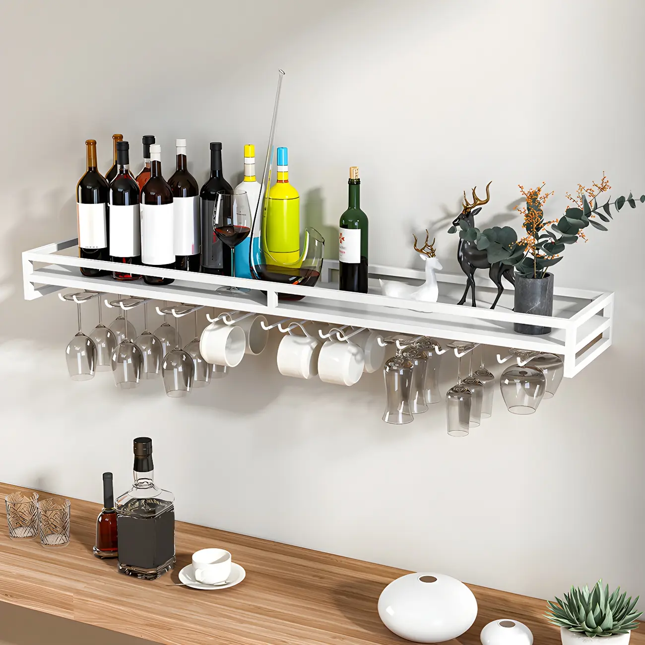 Floating Mount Metal Wine Glasses and Bottle Rack with Hook