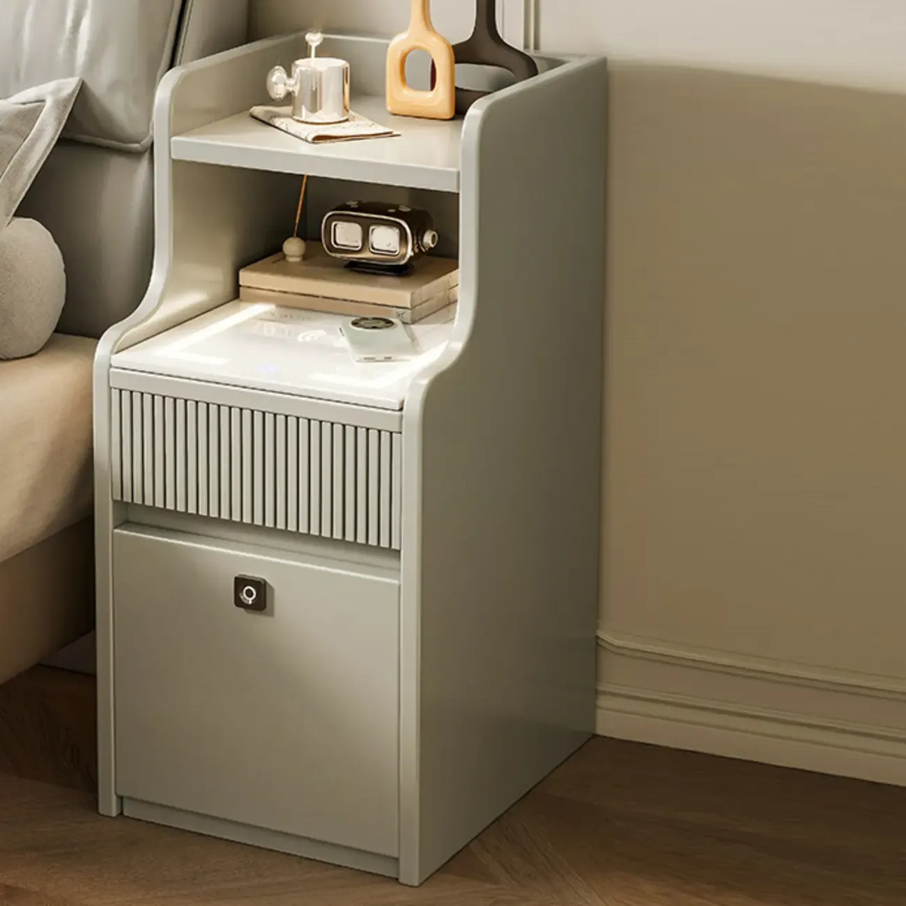 Smart Versatile White Wood Nightstand with Fingerprint Lock
