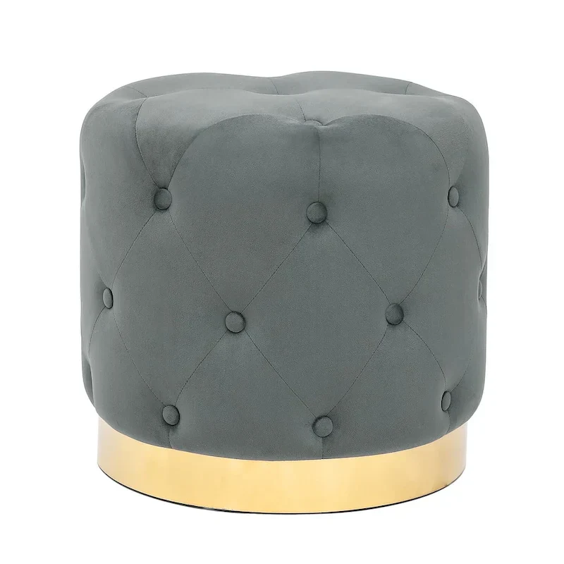 Adeco Round Velvet Ottoman Vanity Footrest Stool Gold Plating Base