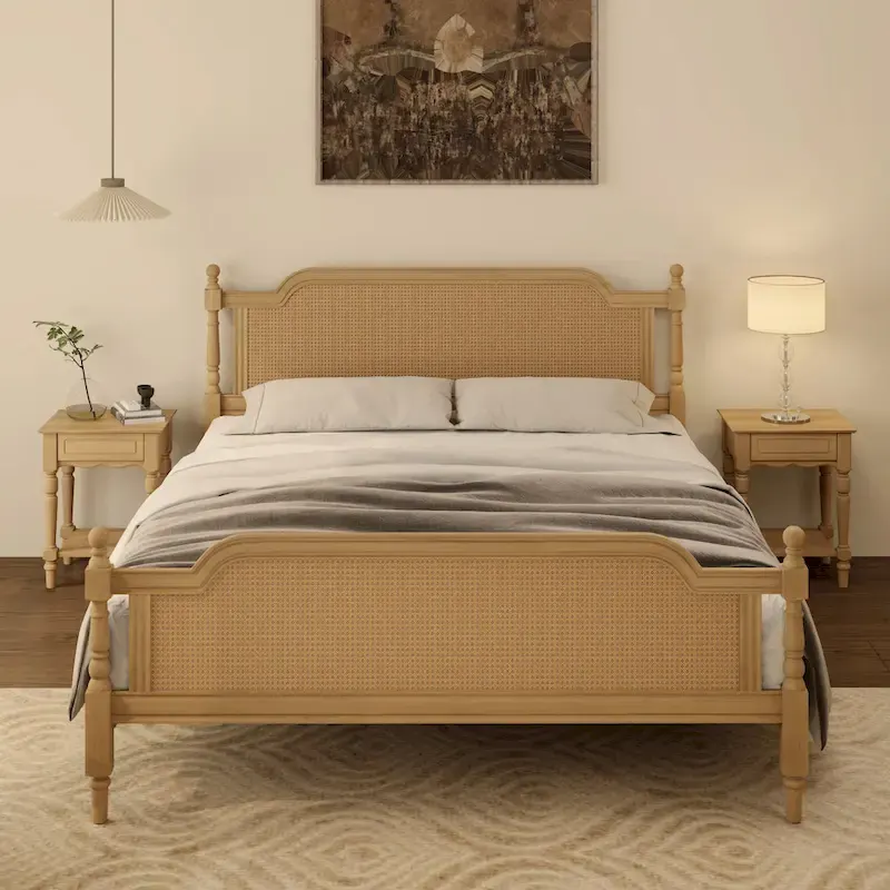 King Size Traditional Platform Bed with Rattan Headboard & Footboard