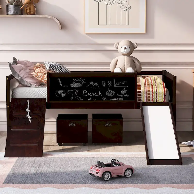 Pine Loft Bed with Climbing Frame, Rope, and Chalkboard