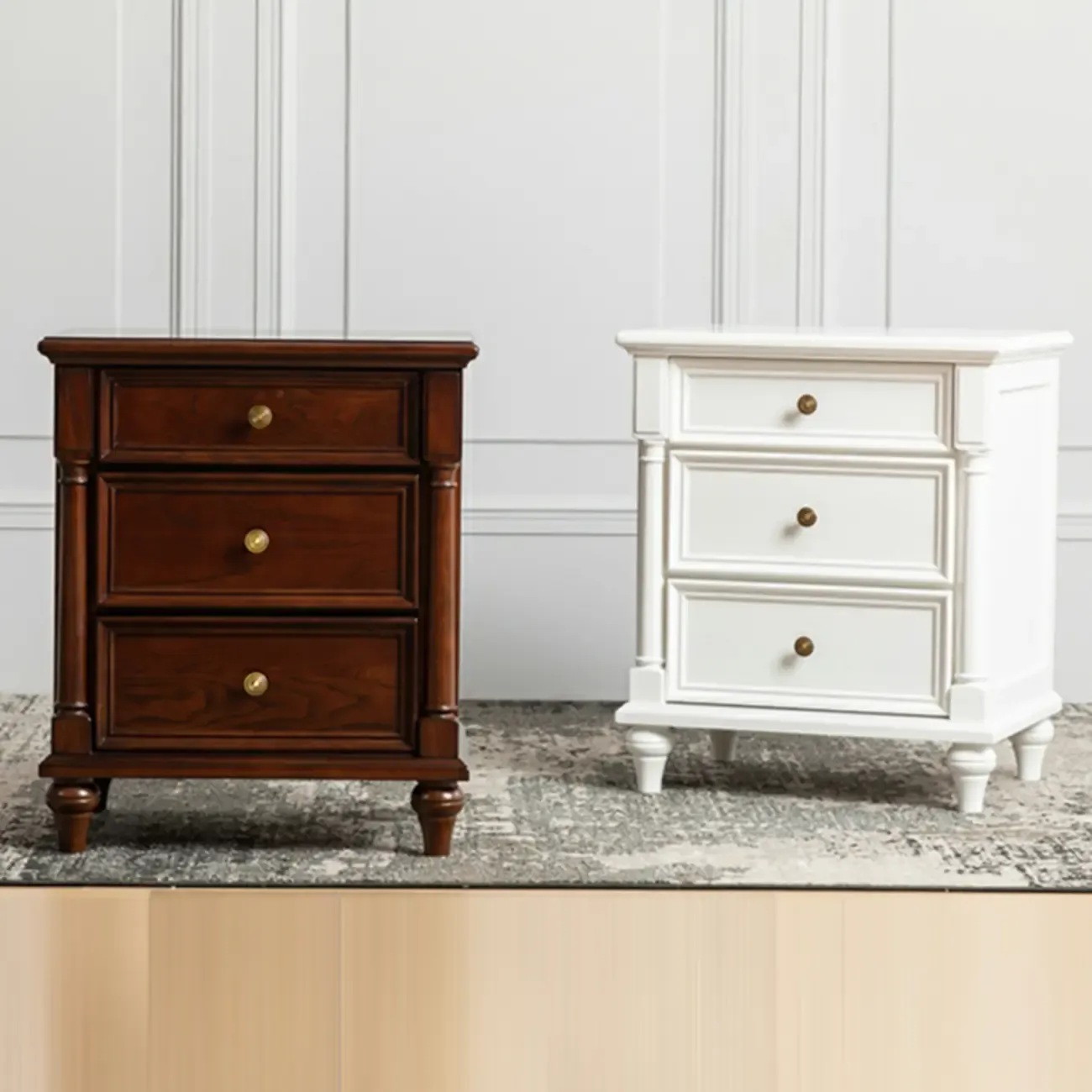 Traditional Ash Wood Nut-Brown 3-Drawer Bedroom Nightstand