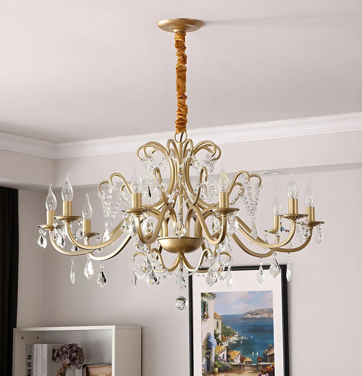 French Curved Arms Gold Crystal Candelabra Chandeliers